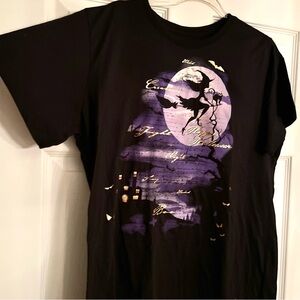 Halloween Flying on broom Witch T-Shirt. Short Sleeves. Gold accents. Sz Med.